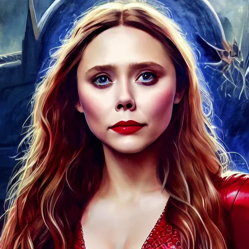 Prompt: ultra realistic portrait painting of elizabeth olsen as scarlet witch, art by frank frazetta, 4 k, ultra realistic, highly detailed, epic lighting.