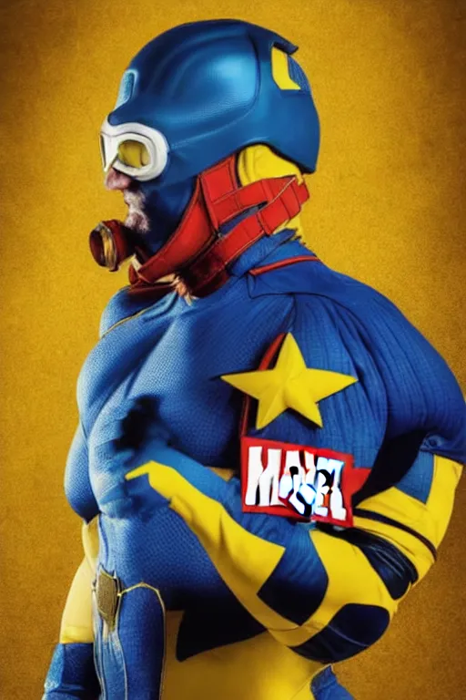 Prompt: marvel superhero, strong man with blue and yellow costume, goggles and leather helmet, yellow boots, yellow gloves, detailed portrait, dark background texture, 8 k, concept art, illustration by john byrne and terry austin. cinematic dramatic atmosphere, sharp focus, volumetric lighting, cinematic lighting, studio quality