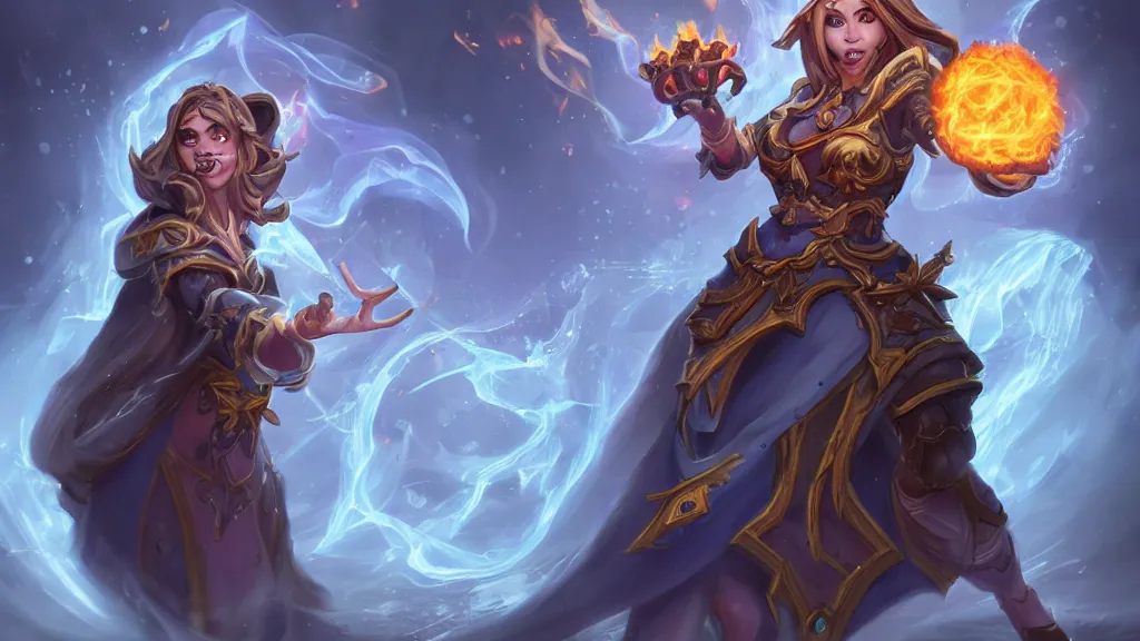 Image similar to hearthstone official professional art. a sorceress, wearing a robe casting a fire ball. insanely coherent physical body parts ( face, arms, legs, hair, eyes, pupil, eye white ). full body realistic, sharp focus, 8 k high definition, insanely detailed, intricate, elegant, smooth, sharp focus, illustration, artstation