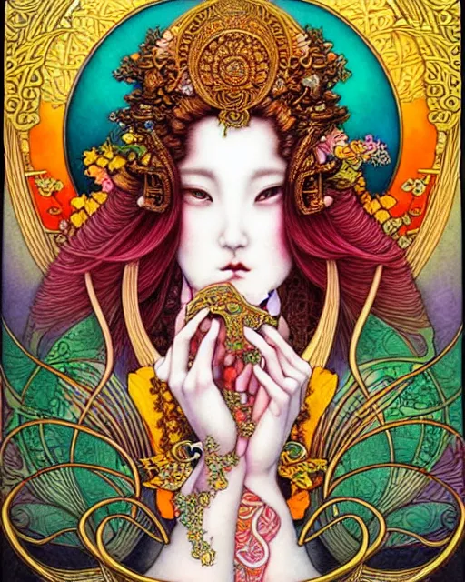 Image similar to beautiful and playful ethereal ginger hindu goddess, art nouveau, fantasy, intricate japanese flower designs, elegant, highly detailed, sharp focus, art by chie yoshii