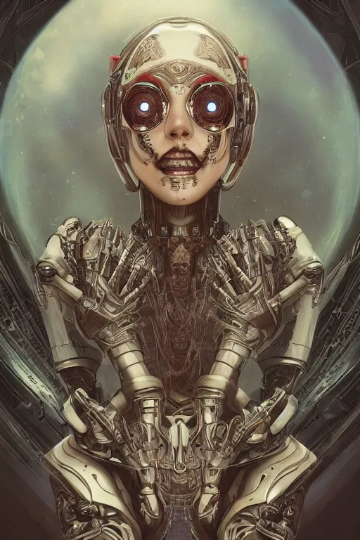 Image similar to twin Alien Robot concubines, facial tattoos, artists portrait, biomechanical, oppai, fantasy, highly detailed, photograph, concept art, sharp focus, depth of field blur, Mandelbrot fractal, art by artgerm and greg rutkowski and alphonse mucha and trevor brown