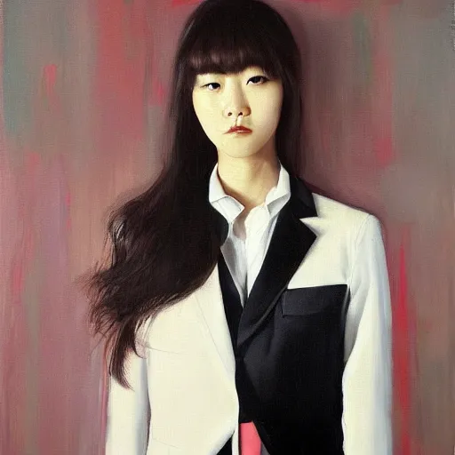 Image similar to portrait of a beautiful korean girl wearing a men's tuxedo, with long hair and bangs, angular features, angry expression, oil on canvas, elegant pose, masterpiece, Jonathan Yeo painting
