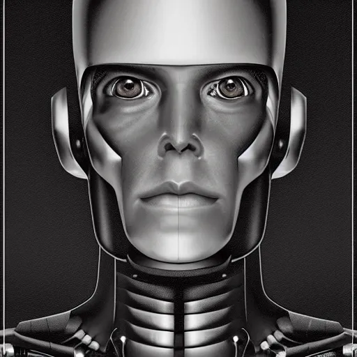 Image similar to a cyborg robot designed by tesla, hyper realistic, detailed portrait,