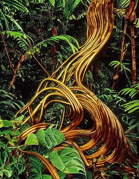 Image similar to vintage color photo of a 1 1 0 million years old abstract liquid gold sculpture covered by the jungle vines