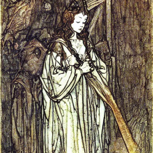 Prompt: beautiful young medieval queen by arthur rackham