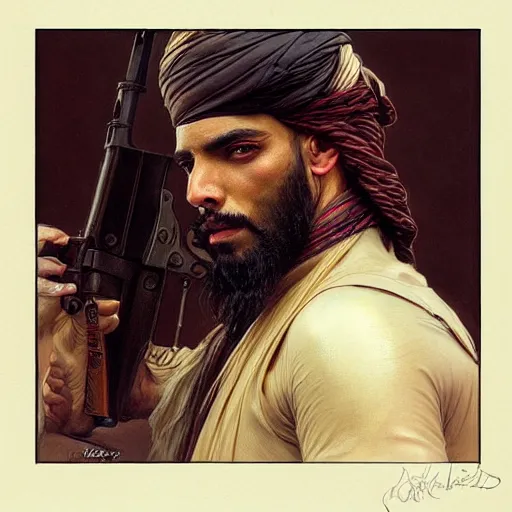 Image similar to portrait of taliban and leather men at gay pride in brighton, real life skin, intricate, elegant, highly detailed, artstation, concept art, smooth, sharp focus, art by artgerm and greg rutkowski and alphonse mucha