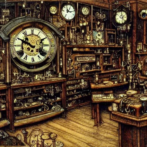 Image similar to interior of a steampunk clock shop, father time, wooden grandfather clocks everywhere, realistic, very intricate masterpiece by arthur rackham