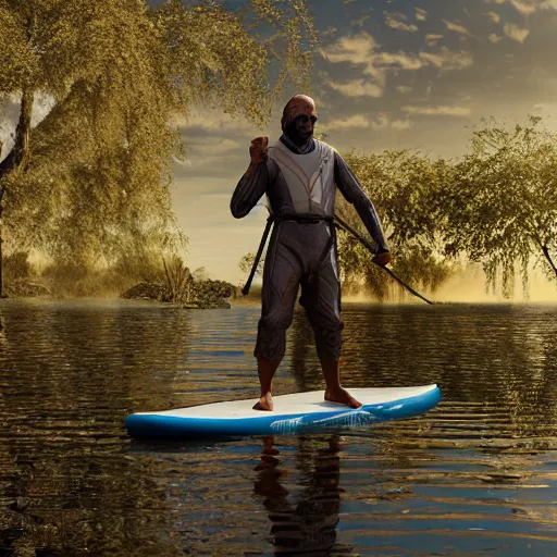 Prompt: mr worf paddleboarding in swamp by highway man painting, photorealistic, high resolution, vray, hdr, hyper detailed, insane details, intricate, elite, ornate, elegant, luxury, dramatic lighting, octane render, weta digital, micro details, 3 d sculpture