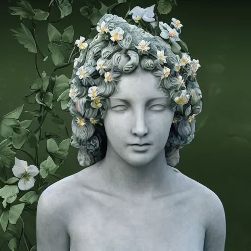 Image similar to an idealistic marble statue with flowery hair in a fractal garden, unreal engine, 8k render, beautiful, full frame,