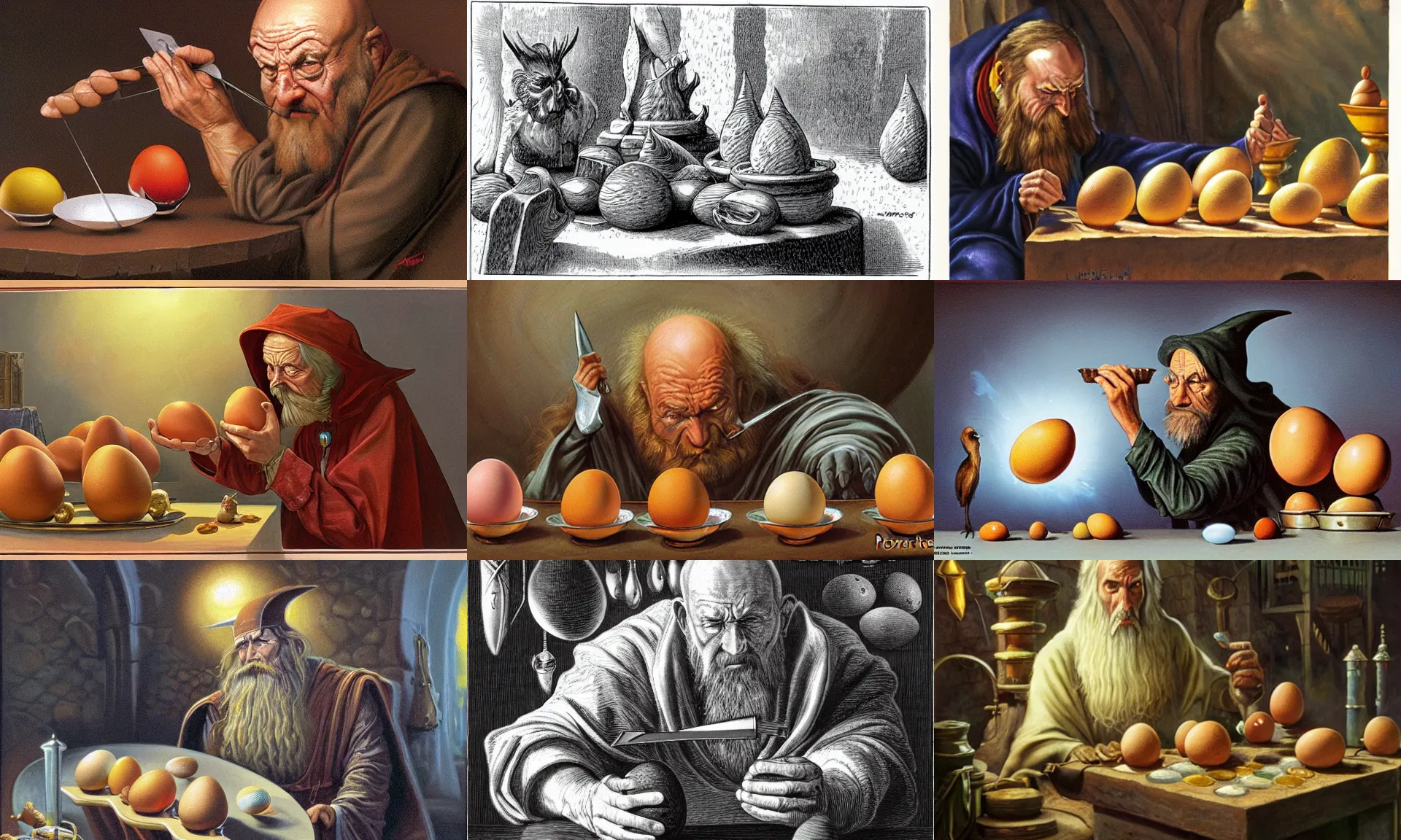 Image similar to Pensive Wizard examines eggs with calipers, by Alex Horley