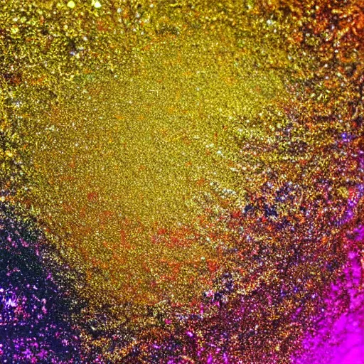 Image similar to a wet swirling mixture of gold paint and very colorful colored pigment particles glitter suspended in a turbulent liquid, captured in slow motion, crystal clear focus, macro photography lens closeup, slow-motion pour, dumpedpaint glittery, shimmering, speculars