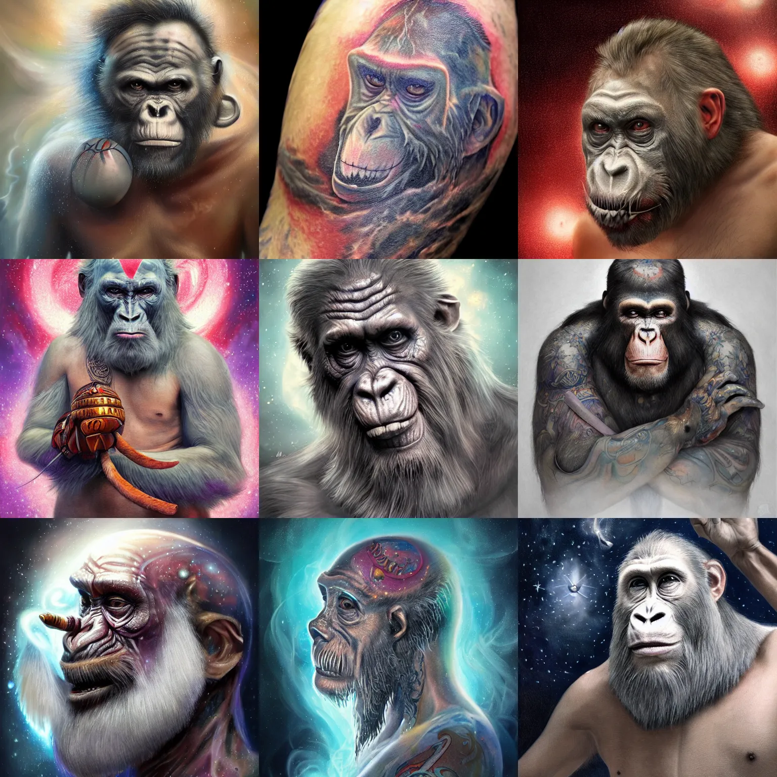 Prompt: a wlop 3 d render of very very very very highly detailed beautiful mystic portrait of a phantom hockey ape with whirling galaxy around, tattoos by anton pieck, intricate, extremely detailed, digital painting, artstation, concept art, smooth, sharp focus, illustration, intimidating lighting, incredible art,