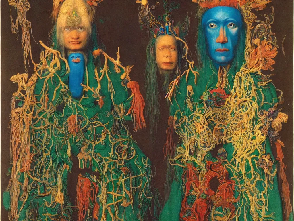 Prompt: Portrait of albino mystic with blue eyes, in psychedelic trance, with totemic archaic mask made from Malachite. Painting by Jan van Eyck, Audubon, Rene Magritte, Agnes Pelton, Max Ernst, Walton Ford