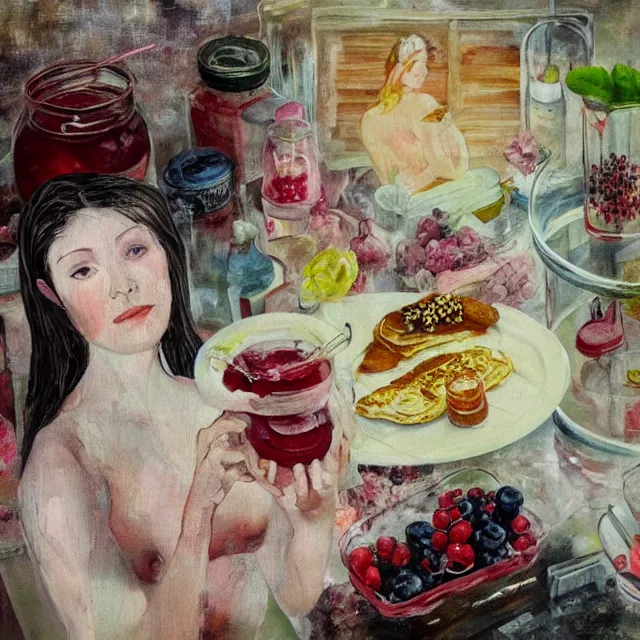 Prompt: sensual, a female art student in her kitchen, raw pork, berry juice drips, pancakes, silk, juice, honey, painting of a woman, berries, white flowers in scientific glassware, art supplies, white candles dripping wax, neo - impressionist surrealism, acrylic and spray paint and oilstick on canvas