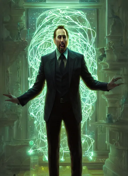 Image similar to portrait of nicholas cage losing his mind, intricate, elegant, glowing lights, highly detailed, digital painting, artstation, glamor pose, concept art, smooth, sharp focus, illustration, art by artgerm and greg rutkowski, artey freytag