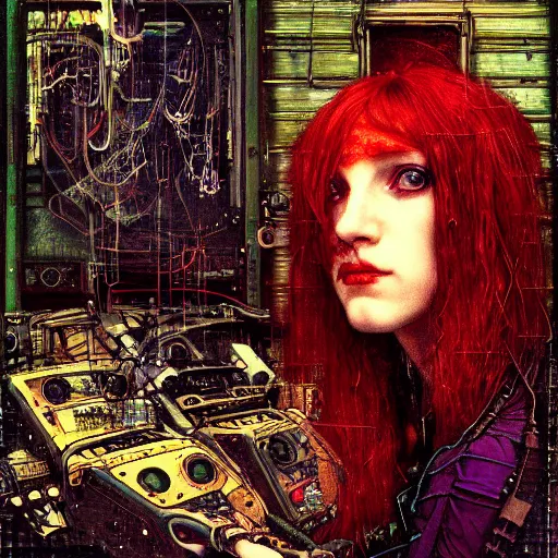 Image similar to redhead female cyberpunk, wires cables skulls, machines, neuropunk trashcore, in the style of john william waterhouse, kilian eng, rosetti, john everett millais, william holman hunt, 4 k photo autochrome