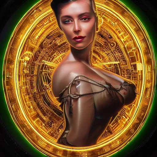 Image similar to one very beautiful woman integrating with technology, full face frontal centered, portrait, insipiring, detailed intricate ornate cables connected to head, big open electric eyes, luxurious detailed abundent wiring and implants, diamonds, sci-fi, neon, emeralds, detailed technology full background, highly detailed, artstation, Rene Lalique and Eddie Mendoza and Gil Elvgren