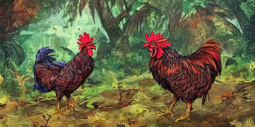 Prompt: colorful illustration of a fully armoured fighting rooster in a dense jungle, mix of styles, angry, aggressive, blood, dark color scheme