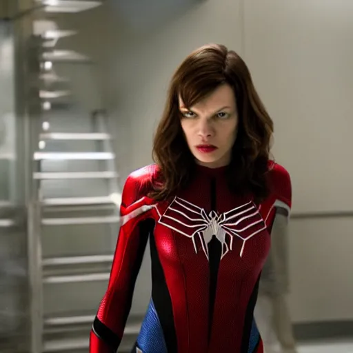 Image similar to Mila Jovovich as spiderwoman , film still, best scene,focus on character