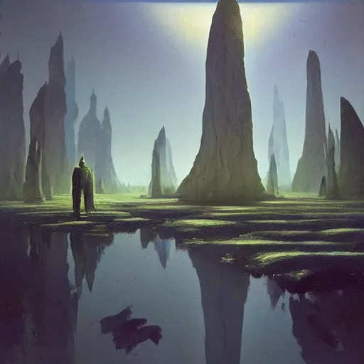 Prompt: rows of mirror monoliths, green moonlit desert, surrealism, by Tyler Edlin and Jean Delville, by John Berkey and Filip Hodas, sci-fi concept art, Beeple, highly detailed, soft lighting, rendered in octane, by Roger Dean, by Dean Ellis, catholicpunk, german romanticism style, oil on canvas, cinematic lighting, vibrant, concept art, gothic, contrasting, nightscape