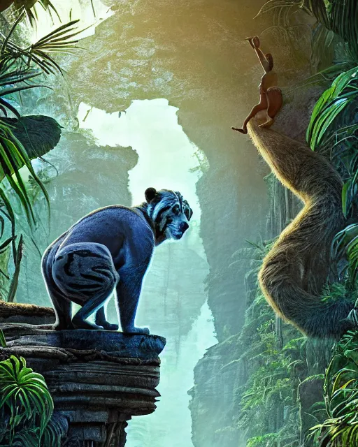 Image similar to still from the jungle book if made by elon musk and bill gates, portrait, illustration, rim light, top light, summer clear blue sky, perfectly shaded, soft painting, epic, intricate, art