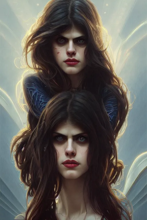 Image similar to alexandra daddario as spider girl, realistic portrait, symmetrical, highly detailed, digital painting, artstation, concept art, smooth, sharp focus, illustration, cinematic lighting, art by artgerm and greg rutkowski and alphonse mucha