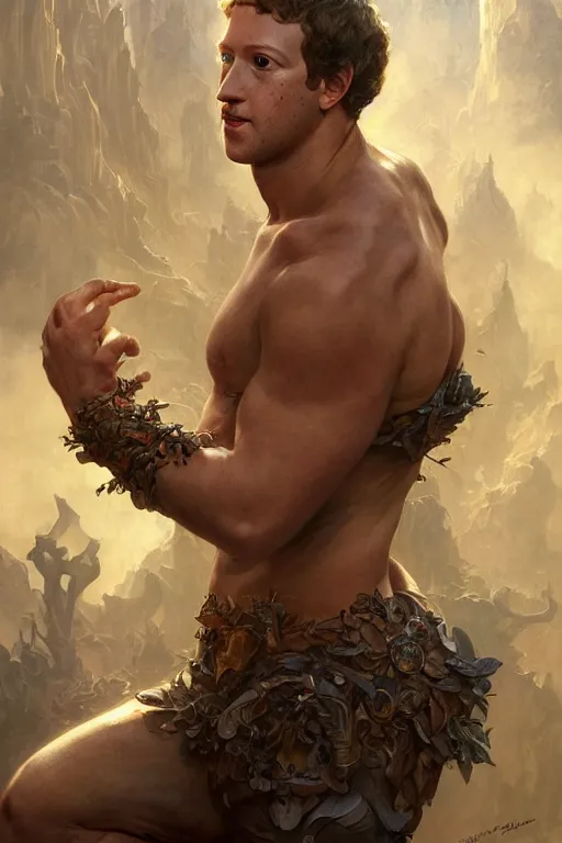 Image similar to portrait of mark zuckerberg as a hulking herculean demon, forest, godlike, full body, fantasy, intricate, elegant, highly detailed, digital painting, artstation, concept art, sharp focus, illustration, art by artgerm and greg rutkowski and alphonse mucha