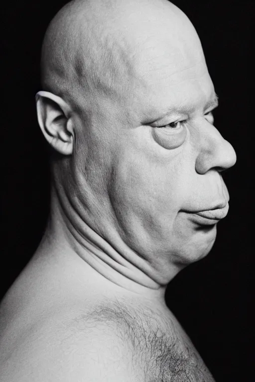 Prompt: studio portrait of man that looks excactly like homer simpson, lookalike, as if homer simpson came to life, soft light, black background, fine skin details, close shot, award winning photo by cindy sherman