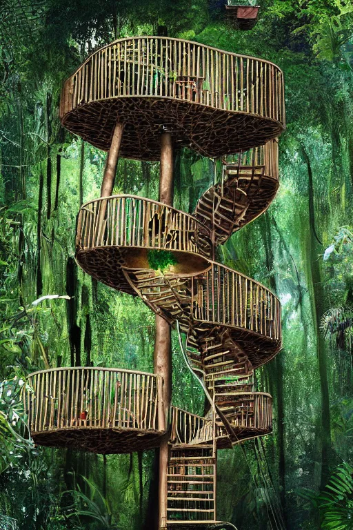 Image similar to tree house in the rainforest, spiral staircase, swings, garden, by alba ballesta gonzalez. 4 k wallpaper, digital flat 2 d, comic book, illustration, cinematic lighting, smooth sharp focus.