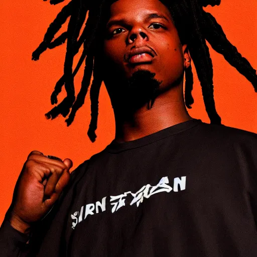 Image similar to denzel curry with super saiyan hair, rendered in unreal engine 5, volumetric lighting, shading