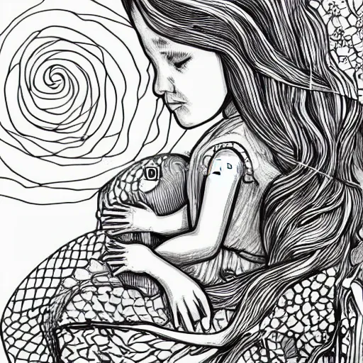 Prompt: a beautiful pencil on paper line illustration of a little girl and her dragon sitting on a hill, watching the sunset. Intricated details, flowers, trees, beautiful line work