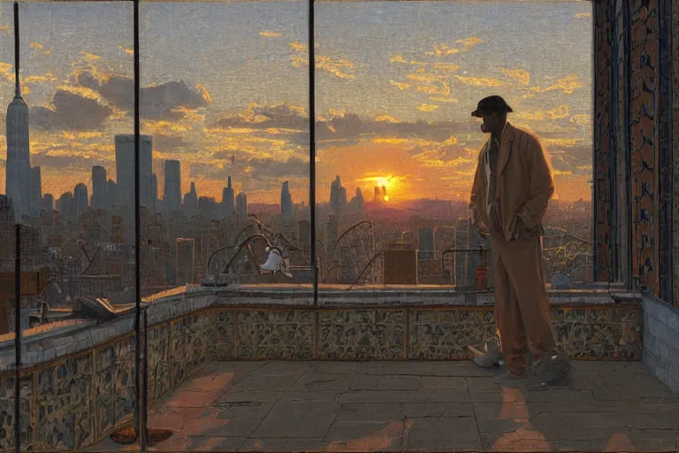 Prompt: painting of a rapper in a rooftop, watching new york, beautiful, sunset, romantic, by ludwig deutsch and maxfield parrish, patterned tilework, extremely detailed, cinematic lighting, smooth sharp focus