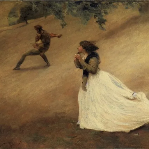 Prompt: man and woman escaping a labyrinth by alfred stevens