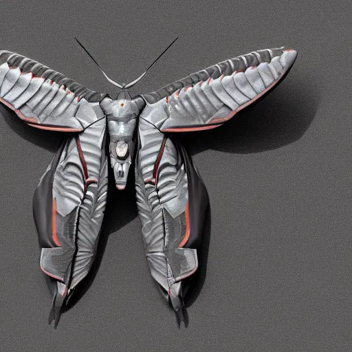 Image similar to a mechanized atlas moth, gunmetal grey, very symmetrical, orthographic view, top down view, bottom view, side view, blueprints, mecha, jet fighter, cybernetic, robotic, highly detailed, artstation, autodesk maya, super realistic, unreal engine