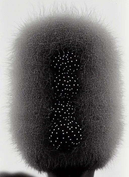 Image similar to realistic object photo of head made of black and white ping pong balls, hairy fluffy caterpillars, readymade, dadaism, fluxus, man ray, x - ray, electronic microscope 1 9 9 0, life magazine photo