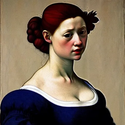 Prompt: fully clothed beautiful girl, she is wearing a blue dress, she has red hair, artemisia gentileschi