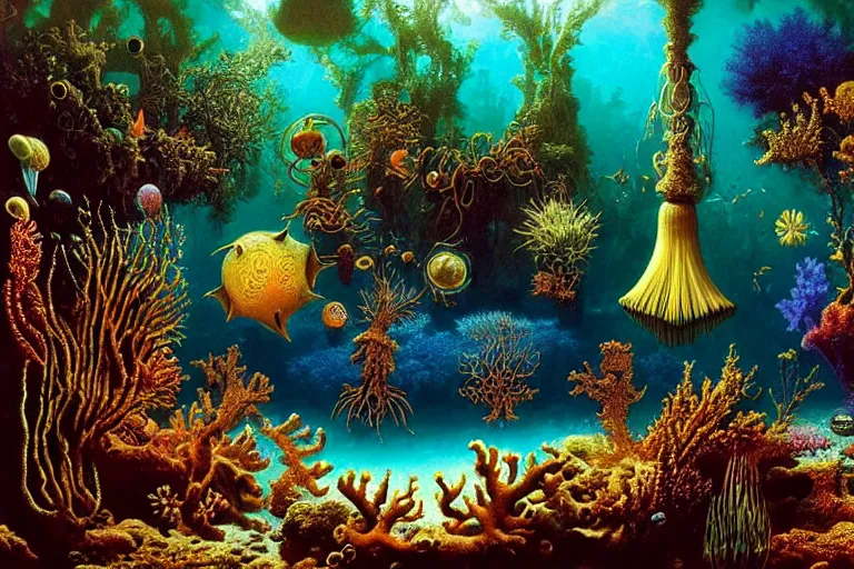 Prompt: underwater vista by ernst haeckel, david a. hardy, oyama kojima, phil koch, annie leibovitz, benoit mandelbrot, dan mumford, bruce pennington, mimmo rotella