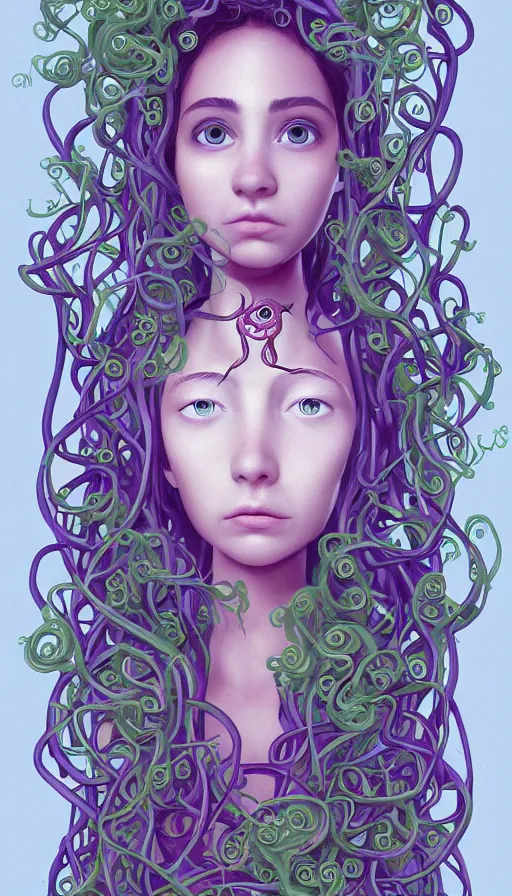 Image similar to very detailed portrait of a 2 0 years old girl surrounded by tentacles, the youg woman visage is blooming from fractal and vines, by pixar concept artists