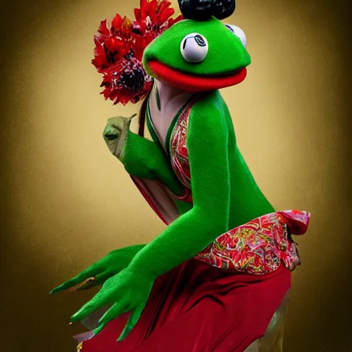 Prompt: organic seductive Geisha Kermit the Frog from Sesame Street, pearlescent skin, diffuse lighting, fantasy, intricate, elegant pose, highly detailed, lifelike, photorealistic, digital painting, artstation, illustration, concept art, different full body view, smooth, sharp focus, art by John Collier and Albert Aublet and Leonardo da vinci and Krenz Cushart and Artem Demura and Alphonse Mucha