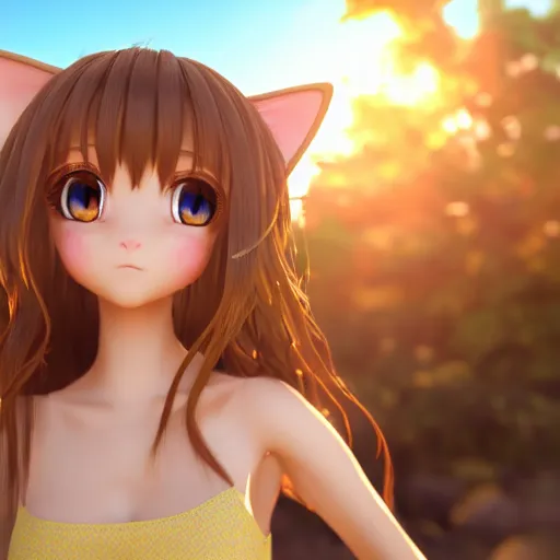 Prompt: Render of a very beautiful 3d anime cat girl, long hair, hazel eyes, cute freckles, full round face, short smile, cute sundress, golden hour, serene beach setting, medium shot, mid-shot, highly detailed, trending on Artstation, Unreal Engine 4k