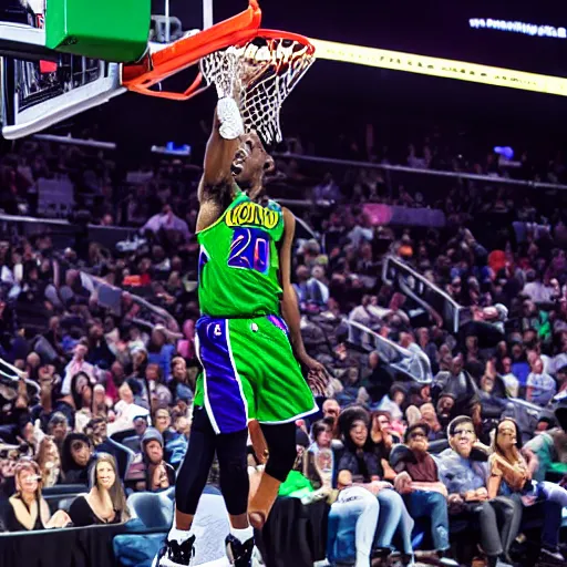 Prompt: photograph of the joker from batman dunking, highlights of the 2 0 1 9 nba slam dunking contest