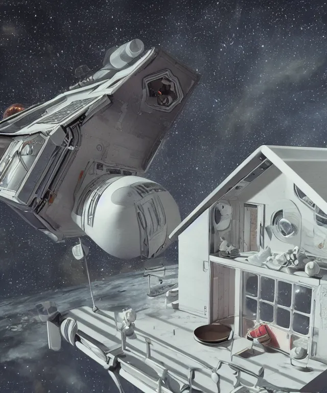 Prompt: a house in space, photorealism