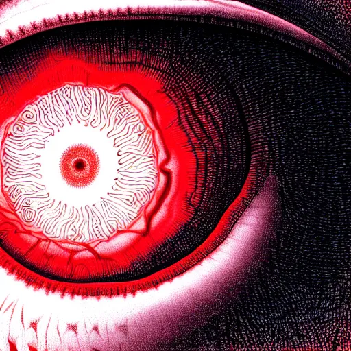 Image similar to a detailed extremely close up of inside the iris, cornea, red image, microscopic, extremely close up drawing by junji ito, cgsociety, generative art, lovecraftian, parallax, cosmic horror, extremely detailed, hyperrealism, unreal engine, octane render, award winning, masterpiece, highly detailed, realistic, 4 k, digital