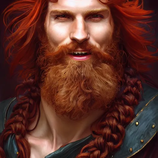 Image similar to portrait of a young ruggedly handsome but joyful pirate, male, masculine, upper body, crimson hair, long hair, d & d, fantasy, smirk, intricate, elegant, highly detailed, digital painting, artstation, concept art, matte, sharp focus, illustration, art by artgerm and greg rutkowski and alphonse mucha