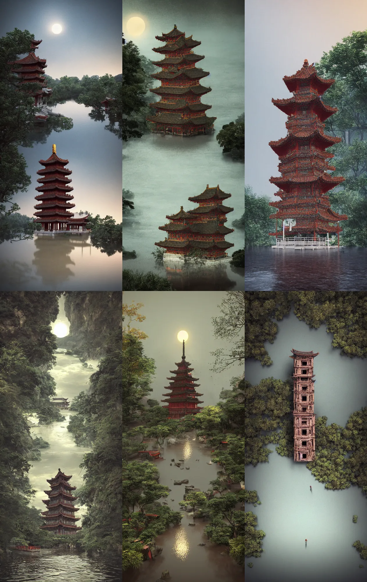 Prompt: kodak portra 4 0 0 photographic and realistic, ancien chinese tower, temple, night, moonlight, detailed, octane render, unreal engine, 4 k, artstation, hyper realistic, wide angle, floor flooded, how a river, objects that float, 3 5 mm, sharp focus, soft light, volumetric light, in the style of gregory crewdson