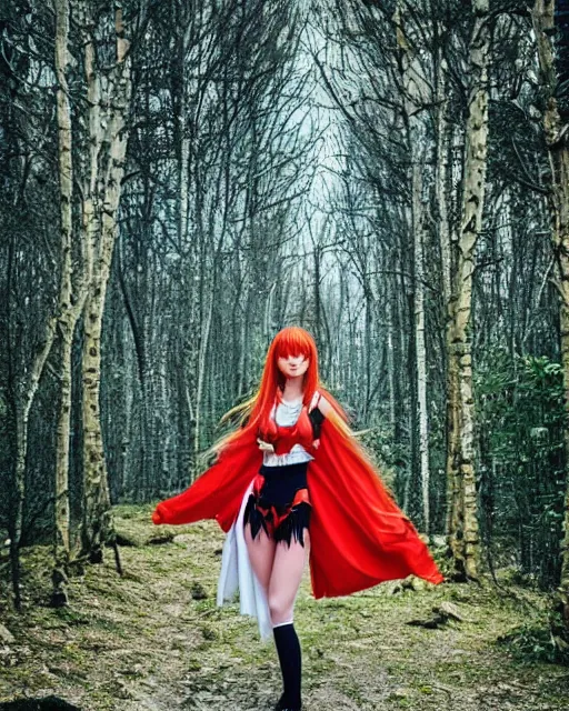 Prompt: very beautiful and cute Asuka Langley (face by Ross Tran) from neon genesis evangelion as a real slavic person dressed as a slavic priestess in holy birch forest in spring, 35mm, iPhone photo, HDR, DSLR, cinematic, trending on Instagram, 8k, 4k