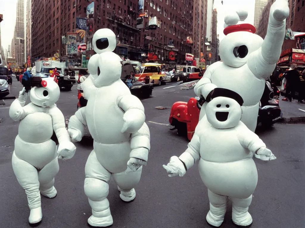 Image similar to 3 5 mm kodachrome colour photography of michelin man and stay - puft marshmallow man dancing in the streets of new york, taken by harry gruyaert