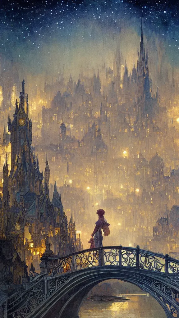 Image similar to a beautiful painting of the view from the river of a city of bridges and arches, with art nouveau architecture, at night with a sky full of stars, intricate, elegant, highly detailed, digital painting, artstation, concept art, by krenz cushart and artem demura and alphonse mucha