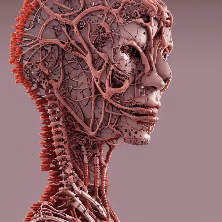 Image similar to portrait of beautiful!! horizontally symmetrical!! ceramic woman's head with coral!! reef hair. torso, mechanical skeleton, biomechanical android. soft light painted by james jean and moebius!!, inspired by mary jane ansell, smooth face feature, horizontal symmetry!!!, intricate oil painting, high detail 3 d render, high detail