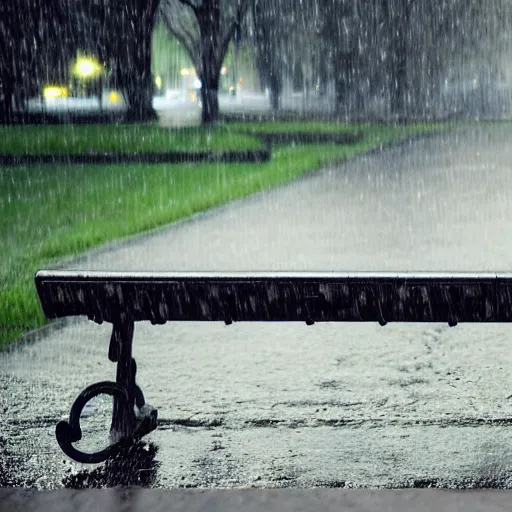 Prompt: beautiful 8 k stylized front - shot picture of an empty bench in the pouring rain, spring, detailed, 4 k resolution, dynamic lighting